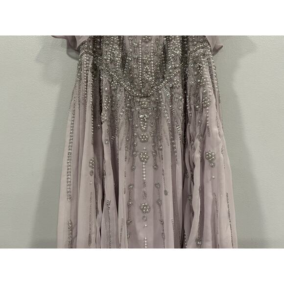 Mac Duggal 10690 Lavender Sequin Chiffon Midi Dress High Neck Flutter Sz 10 - Picture 6 of 8